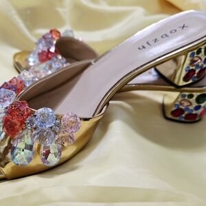 Elegant Gold Heels with Multicolor Embellishments